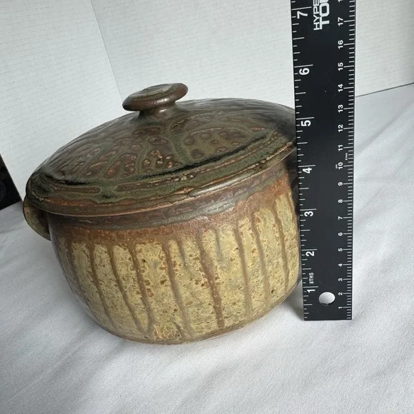 Studio Pottery Lidded Casserole Dish Signed Drip Glaze Earth Tone MCM Organic - Picture 10 of 12